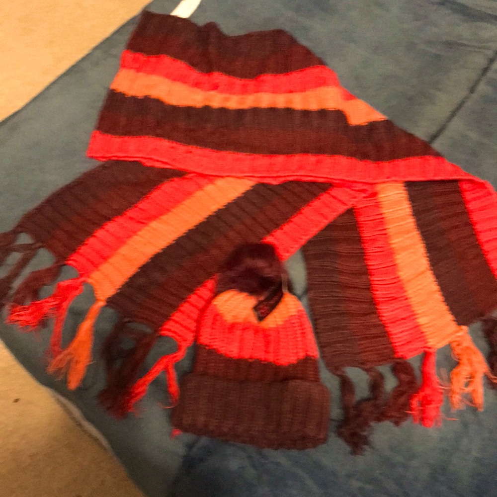 Multi Stripe Knit Oblong and Stripe Beanie w/Faux Fur pom
